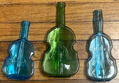 Vintage 8” Green & Blue  Glass Violin Cello Rare Liquor Bottle Lot Of 3 • $22.99