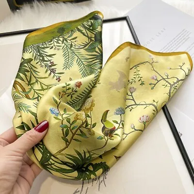 100% Silk 21  Square Scarf Women Neckerchief Wrap Kerchief Bandana Green Flower • $9.84