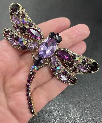 Vintage Huge 4” Dragonfly Brooch Pin Purple Crystal Rhinestone’s • $4.99