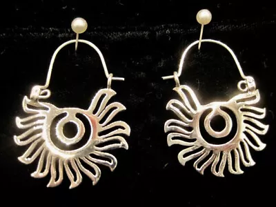 Aztec Mayan Spiral Sun Motif Hoop Earrings Sterling Silver Taxco Mexico • $36.21