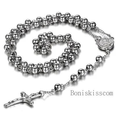 Stainless Steel Jesus Christ Crucifix Cross Rosary Bead Chain Pendant Necklace • $10.99