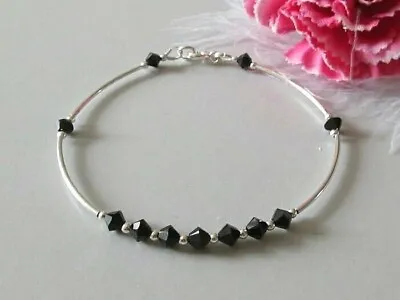 Jet Black Swarovski Crystals Elegant Bracelet With Sterling Silver Curve Tubes • £25