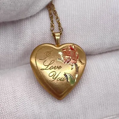 Vintage Gold Filled I Love You Heart Shaped Flower Locket Pendant Necklace • $45
