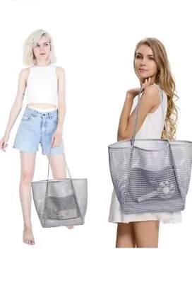 Mesh Tote Bag Large With Zip Pocket Shoulder Beach Shopping Holiday Travel  • £7.79