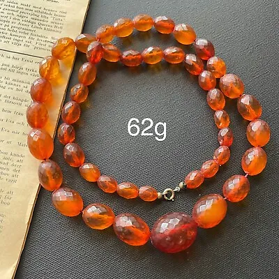 ANTIQUE NATURAL AMBER FACETED BEAD NECKLACE 62g FROM DENMARK 1950's • $790