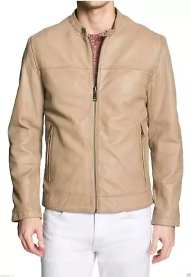 Jacket Leather Motorcycle Biker Men Men's Racer Slim  Cafe Vintage Fit Beige 64 • $50