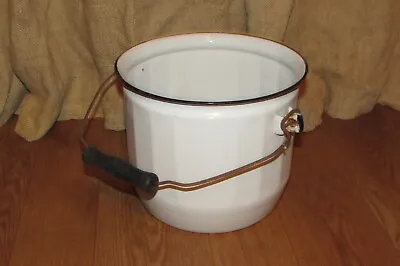 Vtg WHITE ENAMEL CHAMBER POT BUCKET BLACK TRIM WOOD HANDLE #2299 • $35