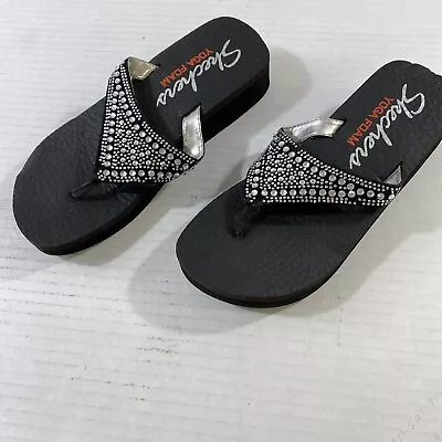 SKECHERS Yoga Foam Women’s US 6 Black W/ Silver Sparkle Thong Flip Flop Sandals • $14.97