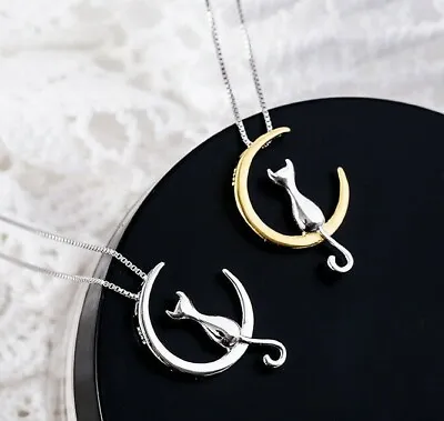 £4.20 • Buy Cat Sitting On Moon Pendant Necklace Silver Women Girls Jewellery Gift UK