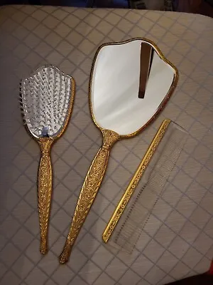 Vintage 24K Gold Plated Ormolu Floral Brush Mirror & Comb Vanity Set (Matson?) • $29