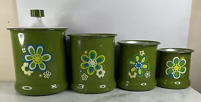 Vintage KROMEX Daisies On Green Retro Kitchen Canisters Aluminum Set Of 4pc. • $33.99