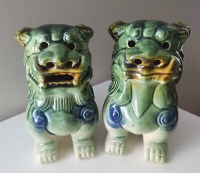 Foo Dog Pair Blue Green Brown Glazed Ceramic Figurines 5 3/4  Chinese Majolica  • $25