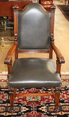 ​Early 20th Century Gothic Carved Oak Leather Arm Chair • $800