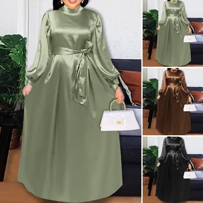 UK Women Collared Long Sleeve Maxi Dress Cocktail Party Prom Dresses Belted Plus • £24.69