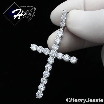 Men Solid 925 Sterling Silver Icy Bling Cz 3d 1 Row Tennis Cross Pendant*sp170 • $29.99