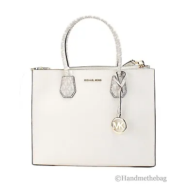 Michael Kors Mercer Large Light Cream Leather PVC Satchel Bag Crossbody Bag • $149