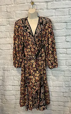Vintage Diane Freis Women's Brown Black Geo Floral Georgette Midi Dress Sz M • $69.99