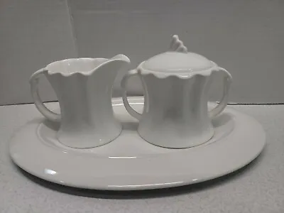 Verdici Design 4pc Sugar & Creamer With Serving Platter White Oval Art Deco Look • $96.78