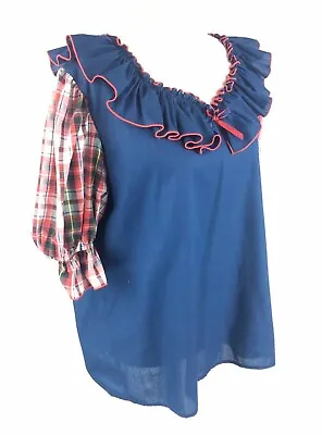 Jeri Bee Vtg Square Dance Wear Ruffle Top Size XL Blue Plaid Sleeve Puff Dancing • $21.90