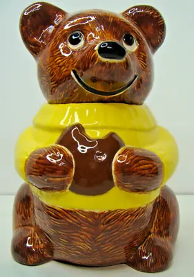 Metlox Vintage Teddy Bear Cookie Jar Yellow Sweater Holding Cookie 10.5  Tall • $27.50
