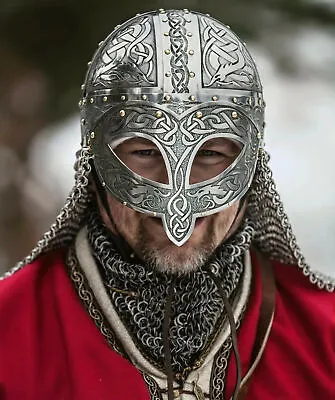 Medieval Viking Helmet Armor Vendel Steel Etched Helmet With Chainmail Viking • £157.15