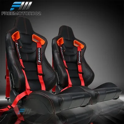 Adjust Universal Racing Seat Orange Bezel PU Carbon Dual Slider & Seat Belt RDx2 • $392.99