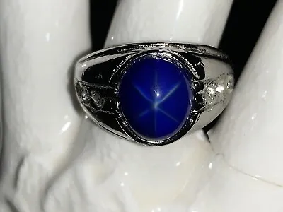 Size 11.75 Vtg Silver Tone Simulated Blue Star Sapphire Ring W/Clear Rhinstones • $7.79
