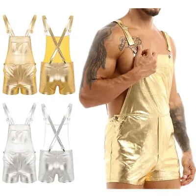 $17.19 • Buy Mens Shiny Metallic Bib Overall Suspender Shorts Hot Pants Festival Fancy Dress