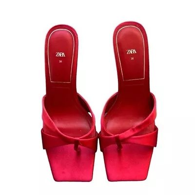 Zara - Red Satin Effect Toe Loop Square Heels Sandals Sz 38 • $75