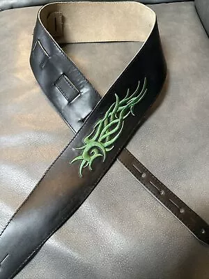 Leather Guitar Strap With Green Tribal Embroidery - Black 3’ Wide • $29