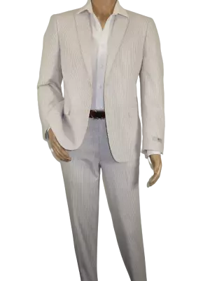 Men Seersucker Suit By Adolfo Stripe Casual Dressy Summer Suit 2 Button C624 Tan • $195