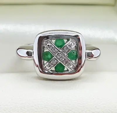 9ct White Gold Emerald And Diamond Cluster Ring Unique Design • £265