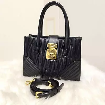 MIU MIU Matelasse Black Madras Leather Gold Hardware Hand 2way Bag From Japan • $683.10