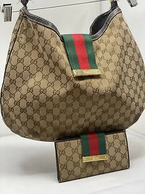 Gucci Set GG Large Brown Beige Canvas Leather Hobo Bag Web Monogram And Wallet • $400