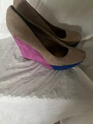 Worthington Color Block Beige Blue Purple Wedge Heels 5 Inch Size 11M • £33.78