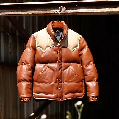Leather Puffer Puffy Bomber Winter Tan Brown Beige Jacket • $189.99