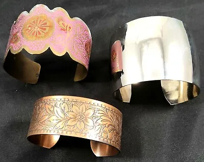 Lot Of 3 Vintage Cuff Bracelets Solid Copper Tooled Indian Enameled Silver-Tone • $19.95
