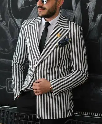 Black White Striped Men's Suit Coat Blazer Wedding Prom Party Slim Fit Custom • $78.11
