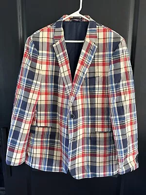 VTG Tommy Hilfiger Madras Plaid (Red Tan Blue) Sport Coat Blazer Men's R 44 • $65