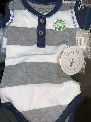 Burts Bees Baby Boys Bodysuits 2 Pack Organic Cotton Blue Gray/white Stripes 0-3 • $9.99