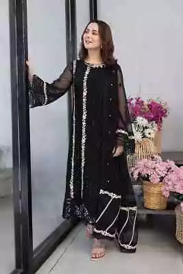 Pakistani Designer Chiffon Black Suit Unstitched Shalwar Kameez With Lining • £29.99