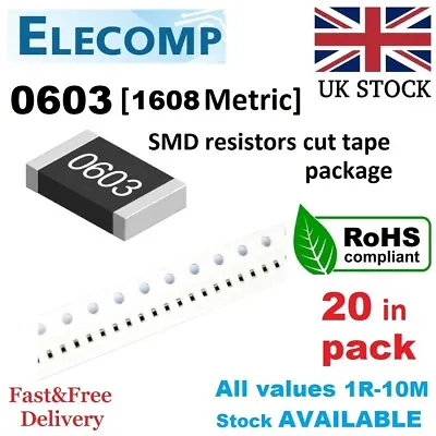 0603 SMD Resistors 1% Any Values 0 Ohm - 10M Ohm 20pcs In 1pack Free UK Postage • £1.79