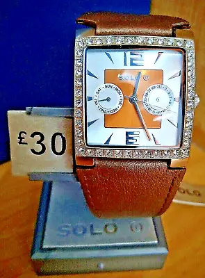 Brown Leather Strap Bling Gents Quality Watch RRP £30 **NEW BATTERY FITTED** • £9.95