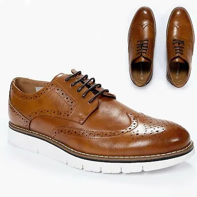 Mens Smart Stylish Italian Formal Lace Up Wingtip Brown Faux Leather Brogue Shoe • £29.85