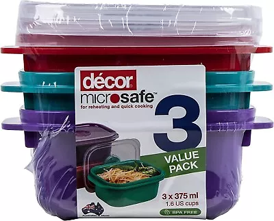 Decor Microsafe Oblong Food Container Storage 3 Piece 375ml Capacity Assorted AU • $18.10