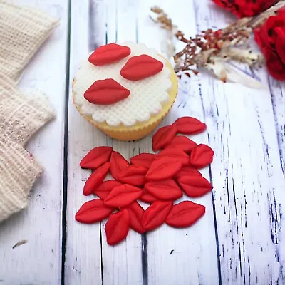 24 Valentine  Hen RED LIPS Edible Cupcake  Toppers Fondant Cake Decorations • £5.99
