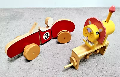 Two Vintage Wooden Toys: Lion Automaton And Racing Car • $18.64