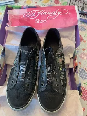 Ed Hardy Slip On Canvas Skull Laceless Tennis Shoes Womens Size 9 Black & Box • $29.99