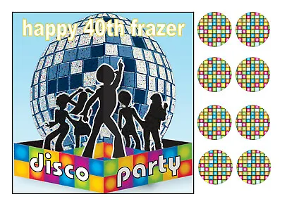 Disco Party 70s Edible 7.5 Inch Square Iced Cake Topper +8 Cupcake Toppers • £4.75