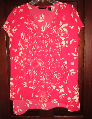 H By Halston 12 Blouse Top Shirt Floral Print Popover Pink Tiered Flowy Short Sl • $21.99